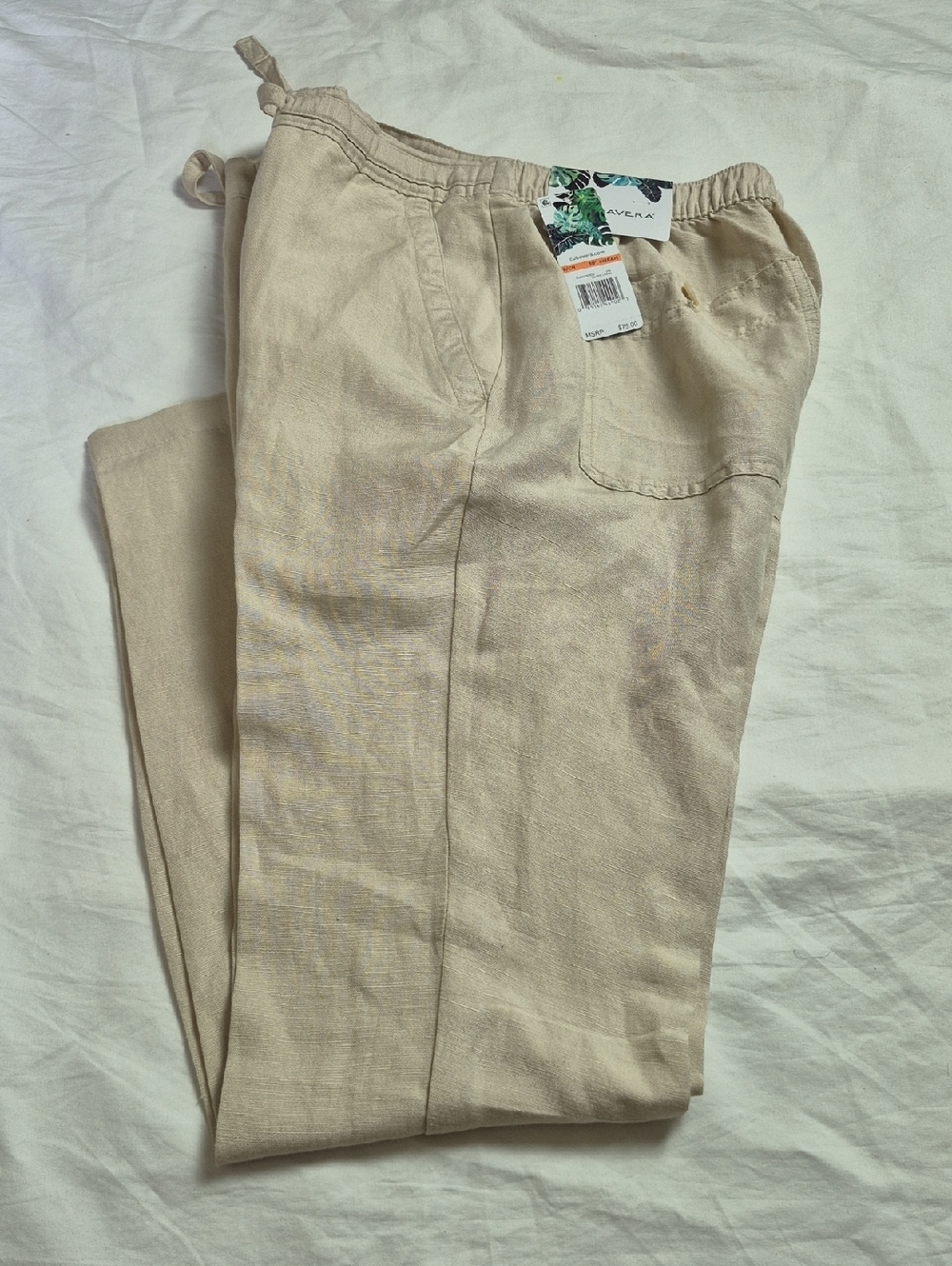 Cubavera Women's Light Cream Drawstring Linen-Blend Chinos